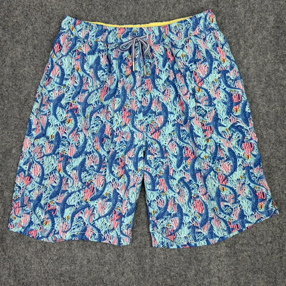 Peter Millar Seaside Collection Swim Trunks Mens M Blue Shark Coral‎ Vacation